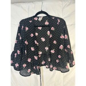 Belle du‎ Jour Girls Black Floral Polka Dot Ruffle Kimono Cardigan Top XL